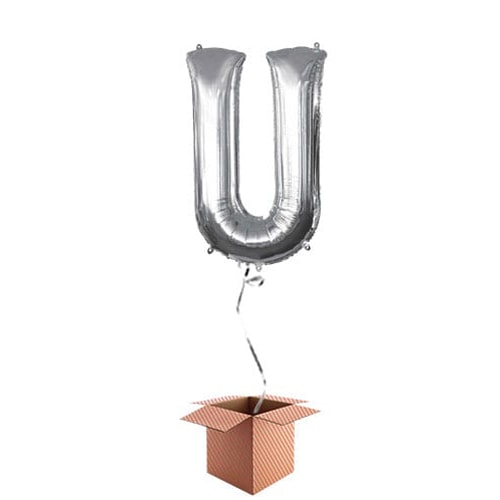 Silver Letter U Helium Foil Giant Balloon - Inflated Balloon in a Box Product Image