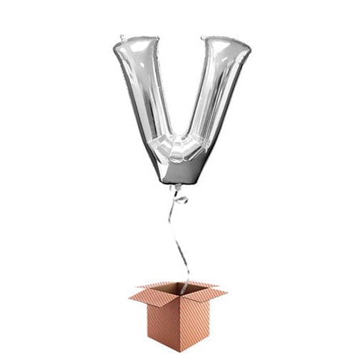 Silver Letter V Helium Foil Giant Balloon - Inflated Balloon in a Box Product Gallery Image