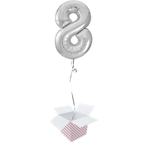 Silver Number 8 Helium Foil Giant Balloon - Inflated Balloon in a Box Product Gallery Image