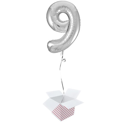 Silver Number 9 Helium Foil Giant Balloon - Inflated Balloon in a Box Product Gallery Image