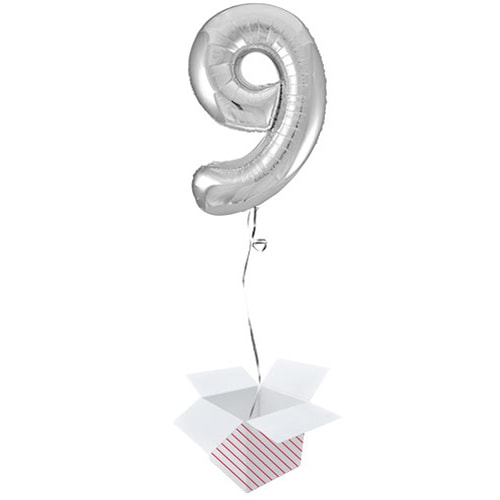 Silver Number 9 Helium Foil Giant Balloon - Inflated Balloon in a Box Product Image