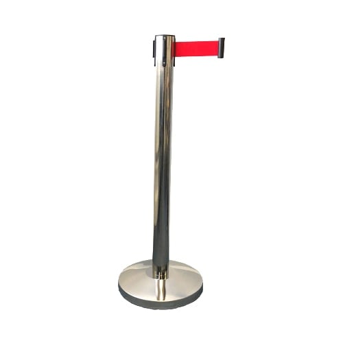 Silver Retractable Barrier Post with 2m Red Belt and Base Product Image