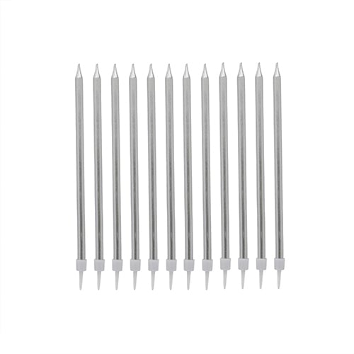 Silver Skinny Birthday Candles with Holders - Pack of 12