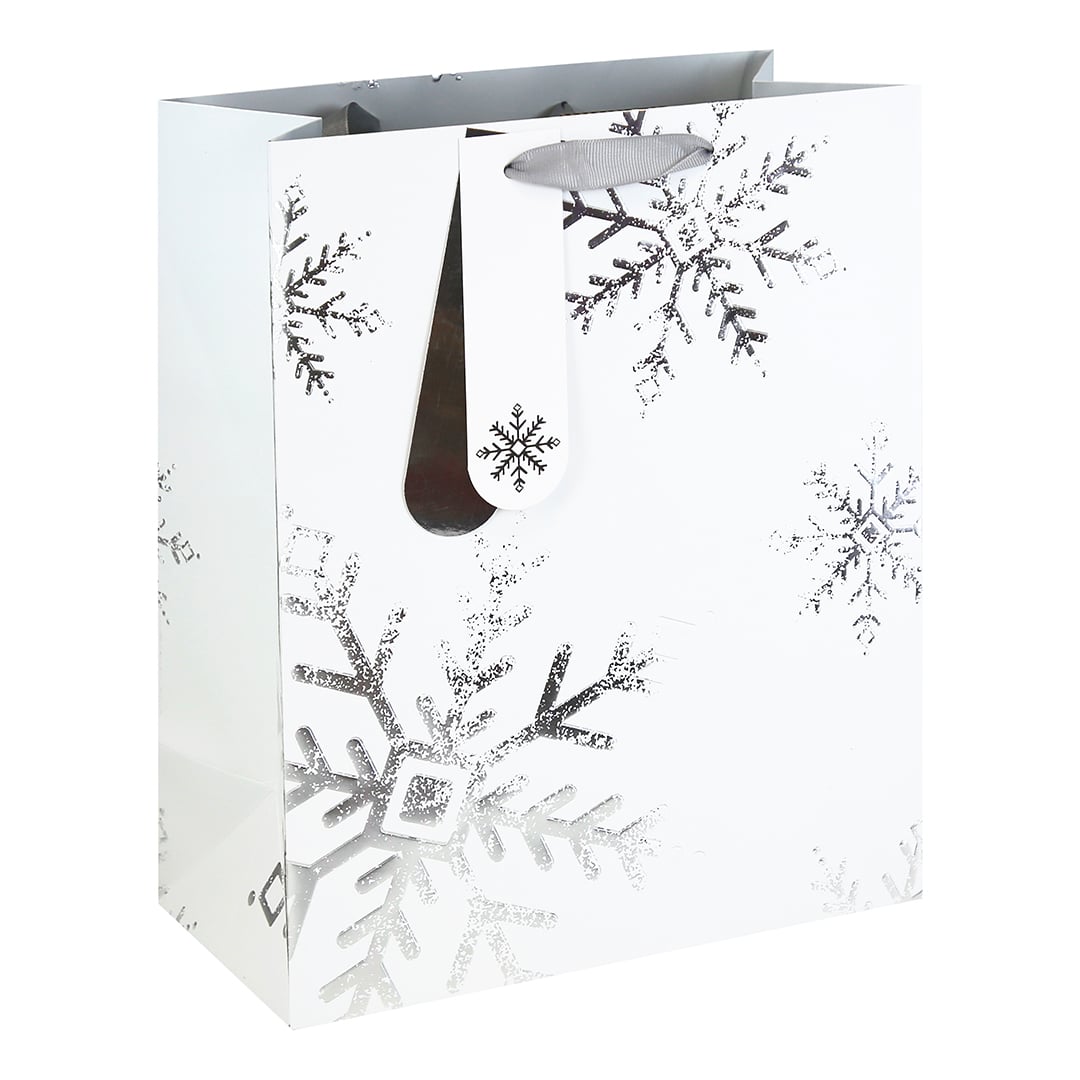 Silver Snowflake Embossed Christmas Large White Gift Bag 33cm