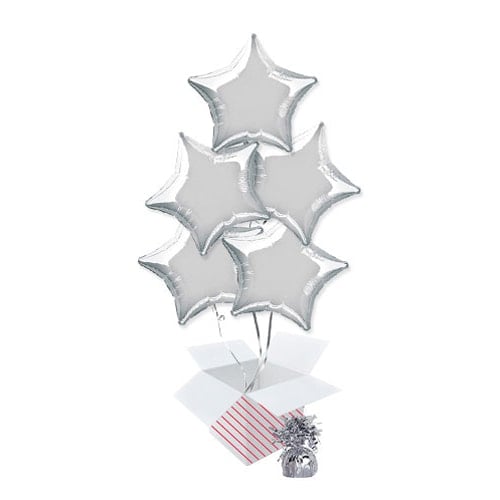 Silver Star Foil Helium Balloon Bouquet - 5 Inflated Balloons In A Box Product Gallery Image
