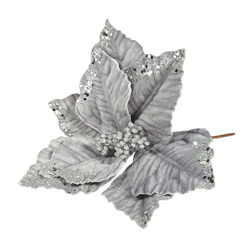 Silver Velvet Christmas Poinsettia with Glitter Detail Artificial Flower Decoration 32cm