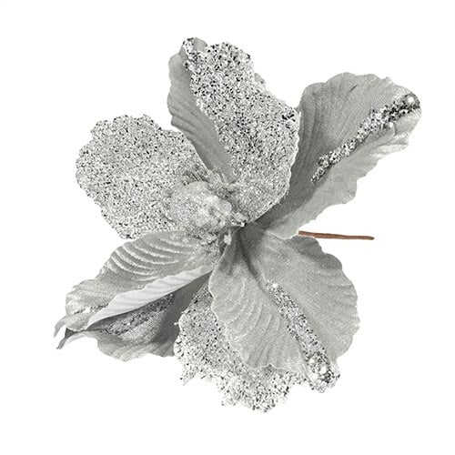 Silver Velvet Magnolia with Glitter Edge Artificial Flower Pick Decoration 26cm Product Gallery Image
