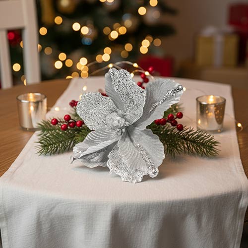 Silver Velvet Magnolia with Glitter Edge Artificial Flower Pick Decoration 26cm