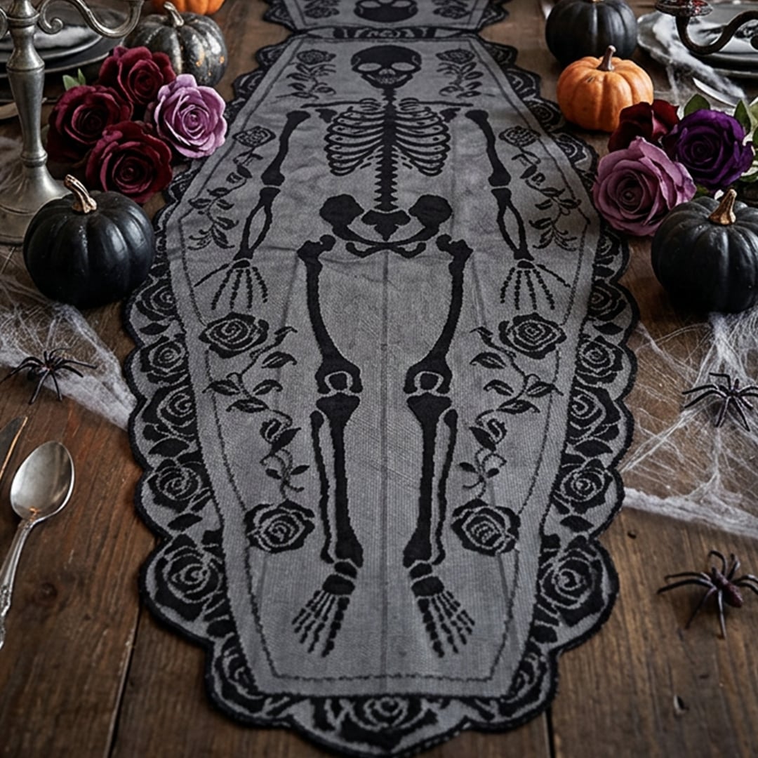 Skeleton Coffin Shape Black Lace Effect Halloween Fabric Tablecover 1.86m View 2