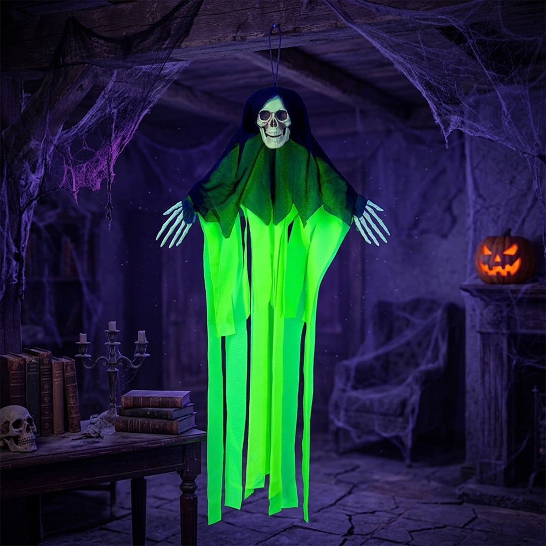 Skeleton Skull Neon Green UV Blacklight Hanging Halloween Prop Decoration 55cm View 2