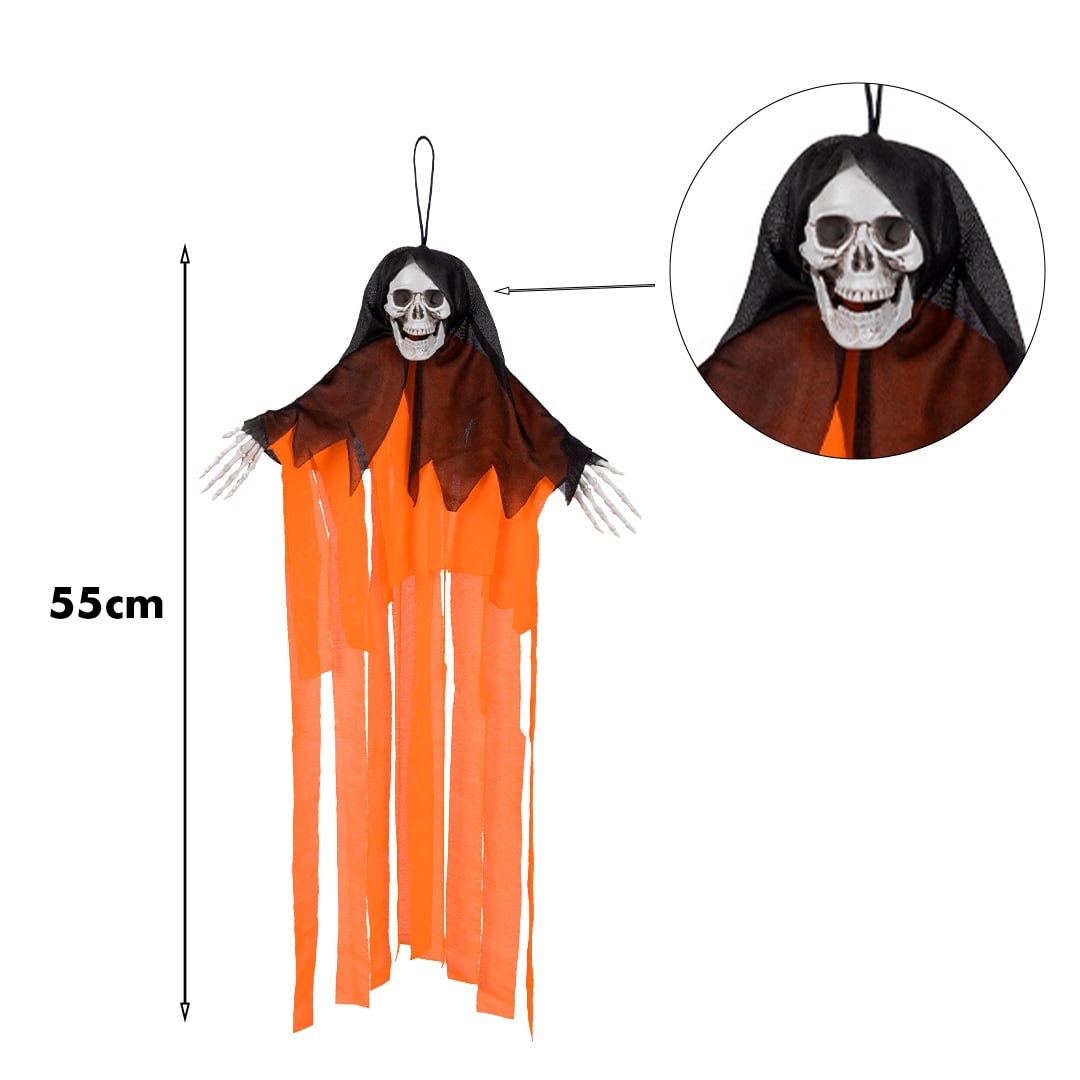 Skeleton Skull Neon Orange UV Blacklight Hanging Halloween Prop Decoration 55cm View 3
