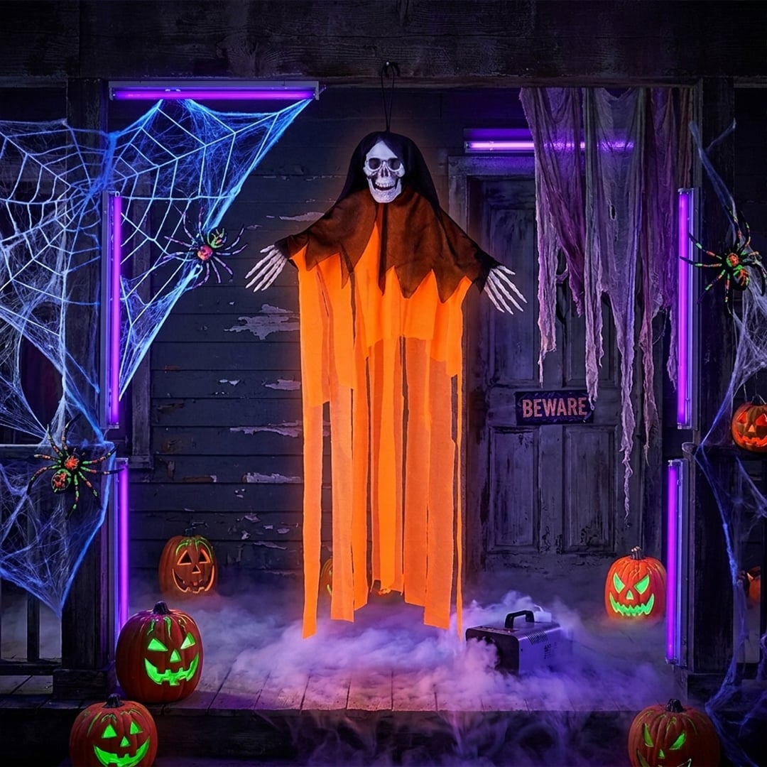 Skeleton Skull Neon Orange UV Blacklight Hanging Halloween Prop Decoration 55cm View 2