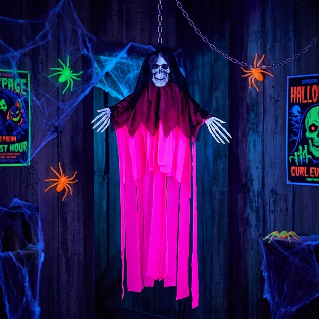 Skeleton Skull Neon Pink UV Blacklight Hanging Halloween Prop Decoration 55cm View 2