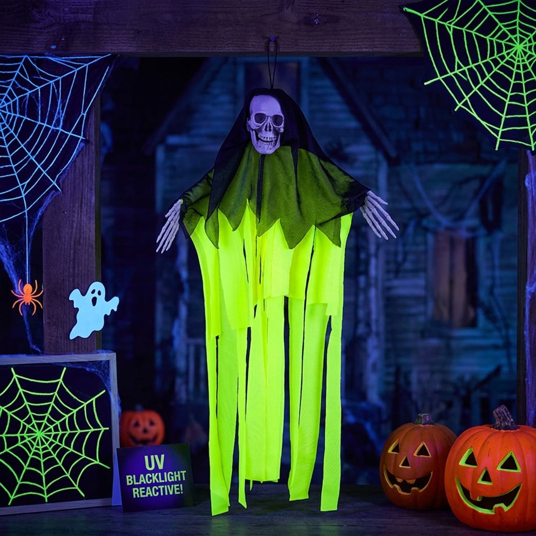 Skeleton Skull Neon Yellow UV Blacklight Hanging Halloween Prop Decoration 55cm View 2