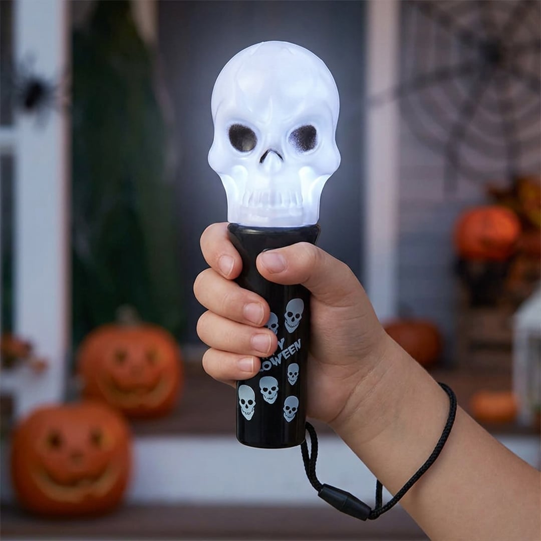 Skull Halloween Light Up Black Plastic Wand 12cm