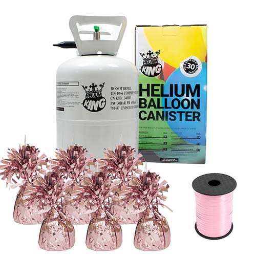 Small Helium Canister with Baby Pink Curling Ribbon and 6 Foil Balloon Weights Product Image