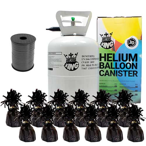 Small Helium Canister with Black Curling Ribbon and 12 Foil Balloon Weights Product Image