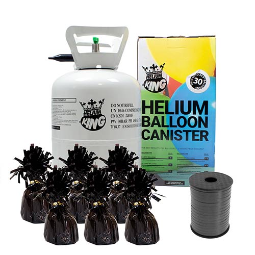 Small Helium Canister with Black Curling Ribbon and 6 Foil Balloon Weights Product Image