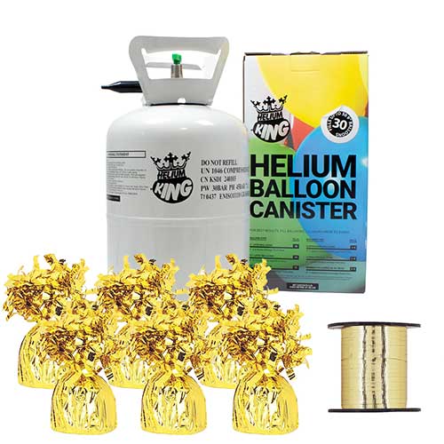 Small Helium Canister with Bright Gold Curling Ribbon and 6 Foil Balloon Weights Product Image