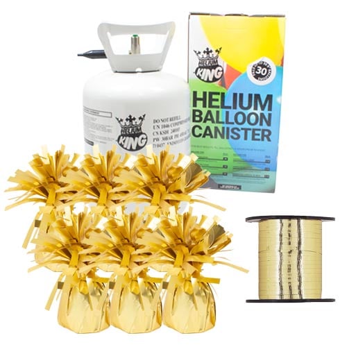 Small Helium Canister with Bright Gold Curling Ribbon and 6 Foil Balloon Weights