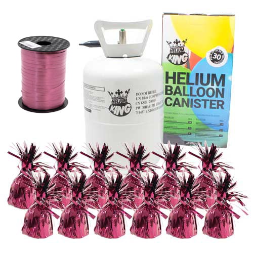 Small Helium Canister with Burgundy Curling Ribbon and 12 Foil Balloon Weights