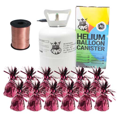 Small Helium Canister with Burgundy Curling Ribbon and 12 Foil Balloon Weights