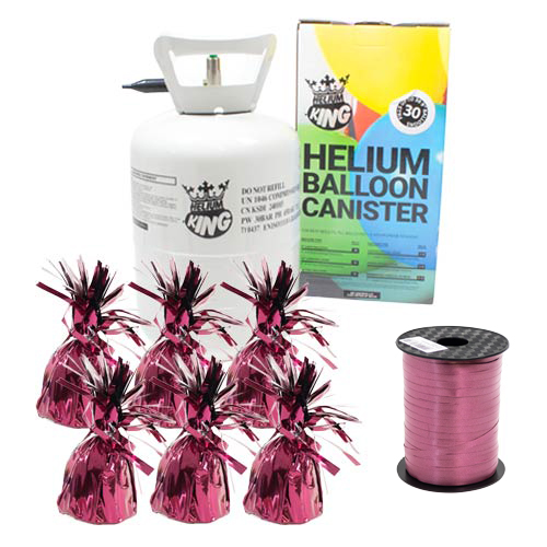 Small Helium Canister with Burgundy Curling Ribbon and 6 Foil Balloon Weights
