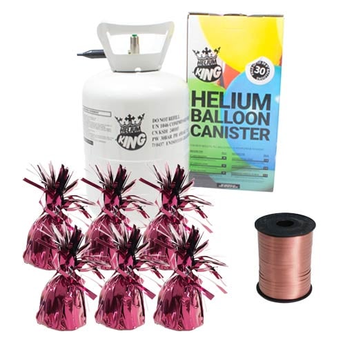 Small Helium Canister with Burgundy Curling Ribbon and 6 Foil Balloon Weights