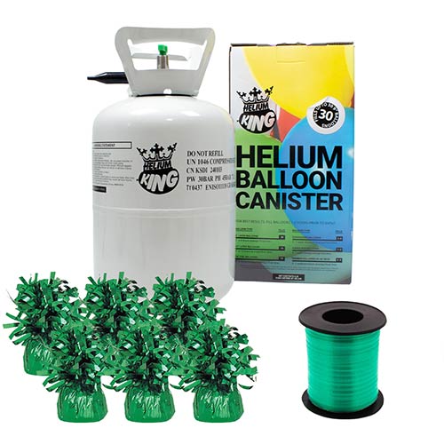 Small Helium Canister with Emerald Green Curling Ribbon and 6 Foil Balloon Weights Product Image