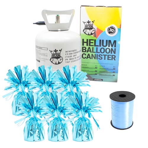 Small Helium Canister with Light Blue Curling Ribbon and 6 Turquoise Foil Balloon Weights