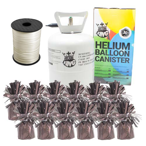 Small Helium Canister with 12 Metallic Brown Foil Balloon Weights and Ivory Curling Ribbon Product Image