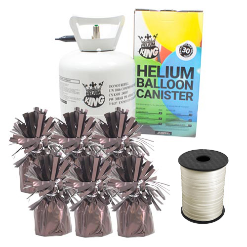 Small Helium Canister with 6 Metallic Brown Foil Balloon Weights and Ivory Curling Ribbon