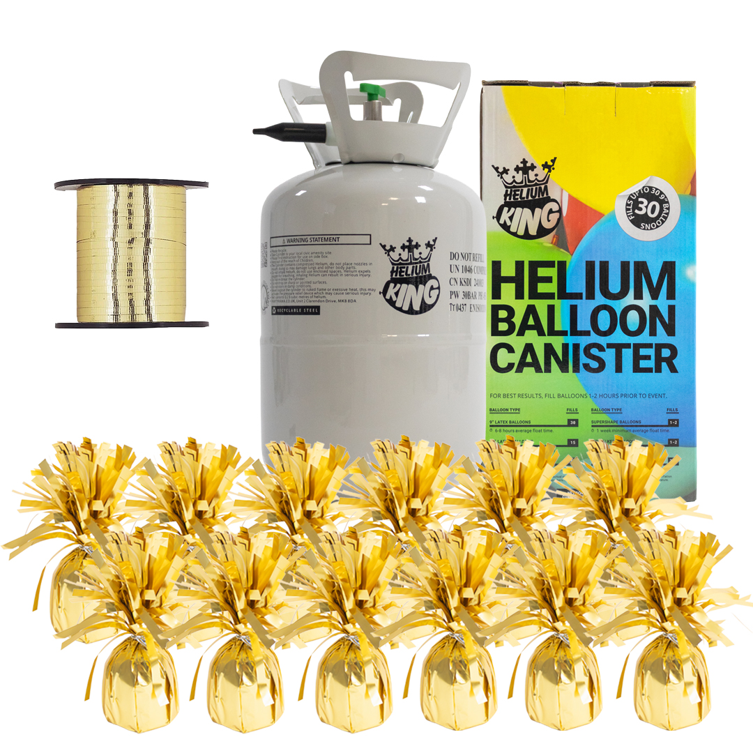 Small Helium Canister with Metallic Gold Curling Ribbon and 12 Soft Gold Foil Balloon Weights