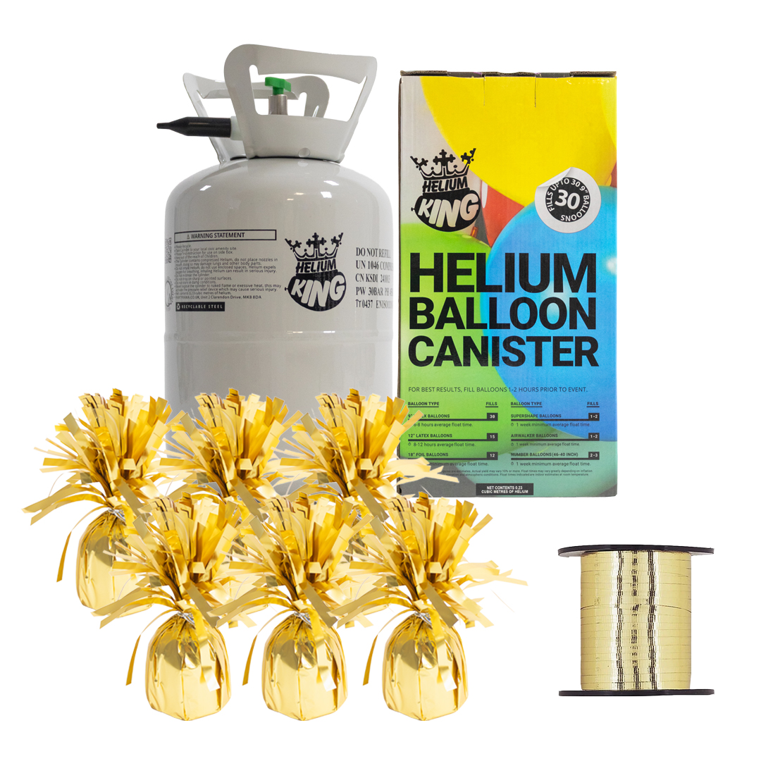 Small Helium Canister with Metallic Gold Curling Ribbon and 6 Soft Gold Foil Balloon Weights