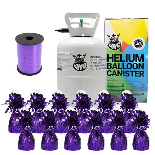 Small Helium Canister with Purple Curling Ribbon and 12 Foil Balloon Weights Product Image