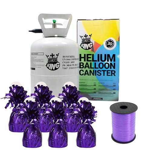 Small Helium Canister with Purple Curling Ribbon and 6 Foil Balloon Weights Product Image