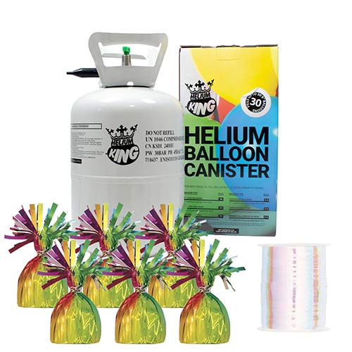Small Helium Canister with Iridescent Curling Ribbon and 6 Rainbow Foil Balloon Weights Product Image