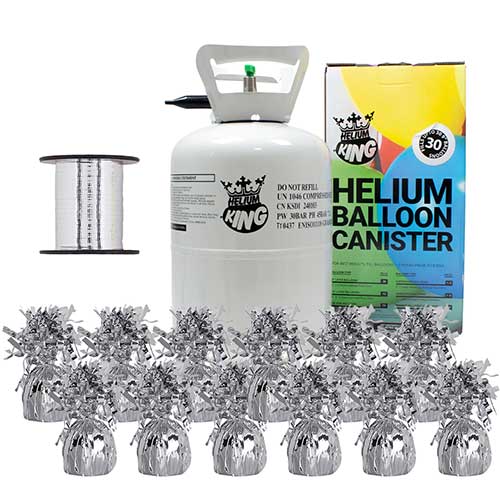 Small Helium Canister with Silver Curling Ribbon and 12 Foil Balloon Weights Product Image
