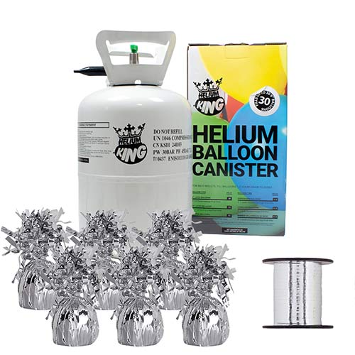 Small Helium Canister with Silver Curling Ribbon and 6 Foil Balloon Weights Product Image