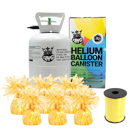 Small Helium Canister with Yellow Curling Ribbon and 6 Foil Balloon Weights Product Image