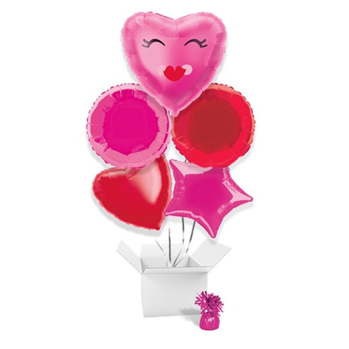 Smiling Pink Heart Balloon Bouquet - 5 Inflated Balloons In A Box