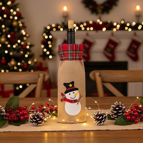 Snowman & Tartan Natural Hessian Christmas Bottle Gift Bag 37cm