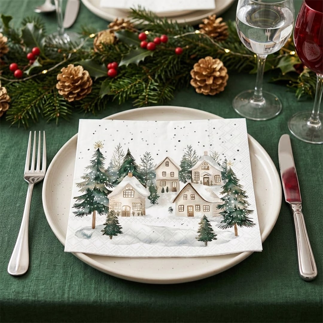 Snowy Houses Christmas Paper Luncheon Napkins 3 Ply 33cm - Pack of 20