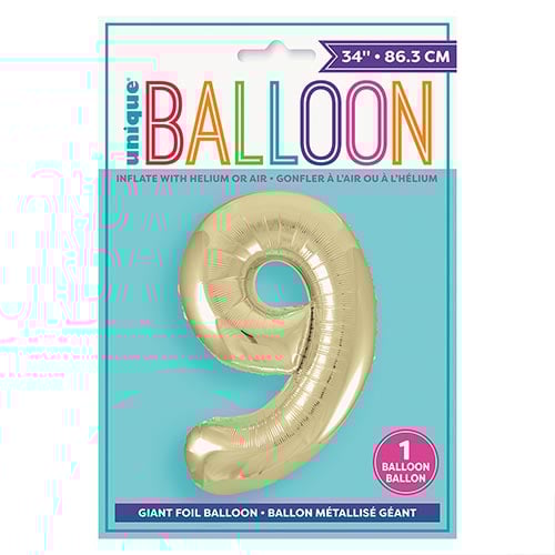 Soft Gold Number 9 Helium Foil Giant Balloon 86cm / 34 in Product Gallery Image