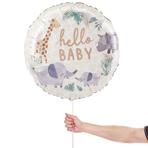 Soft Jungle Hello Baby Arrival Neutral Round Foil Helium Balloon 43cm / 17 in Product Gallery Image