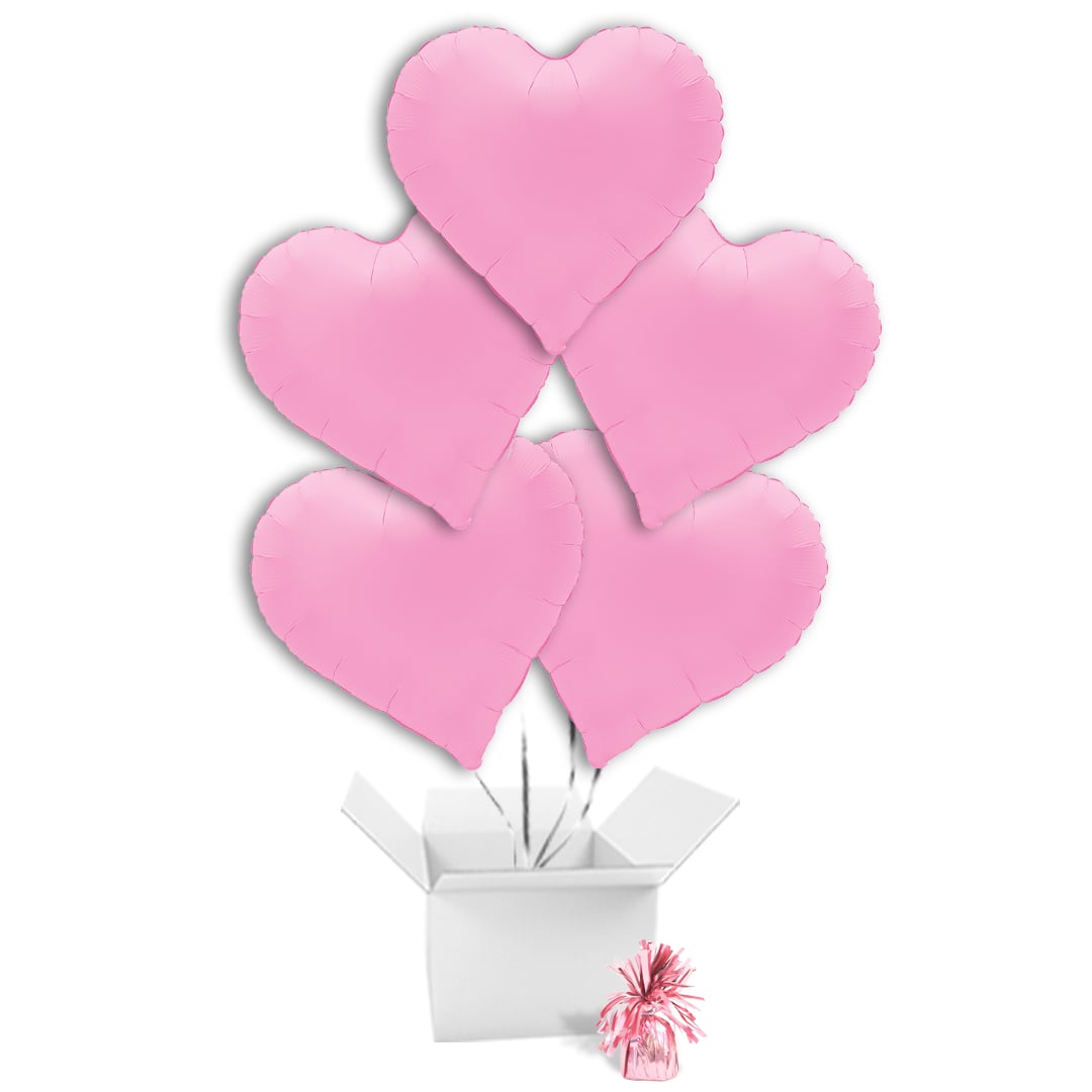 Soft Matte Sakura Pink Sweetie Heart Shaped Foil Balloon Bouquet - 5 Inflated Balloons In A Box