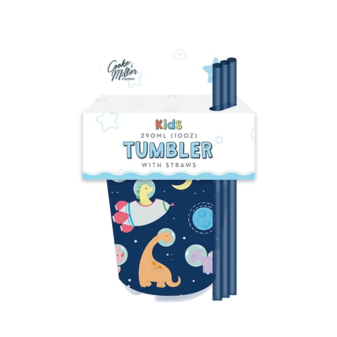 Space Dinosaur Reusable Plastic Tumblers 290ml with Straws - Pack of 3