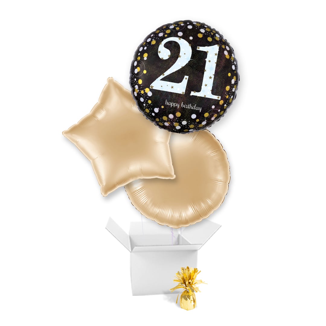 Sparkling Gold & Black 21st Birthday Round Foil Balloon Bouquet - 3 Inflated Balloons In A Box
