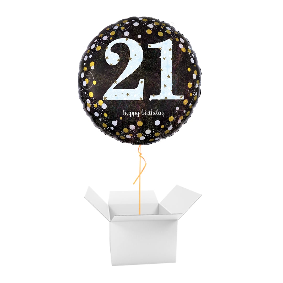 Sparkling Gold & Black 21st Birthday Round Foil Balloon - Inflated Balloon In A Box