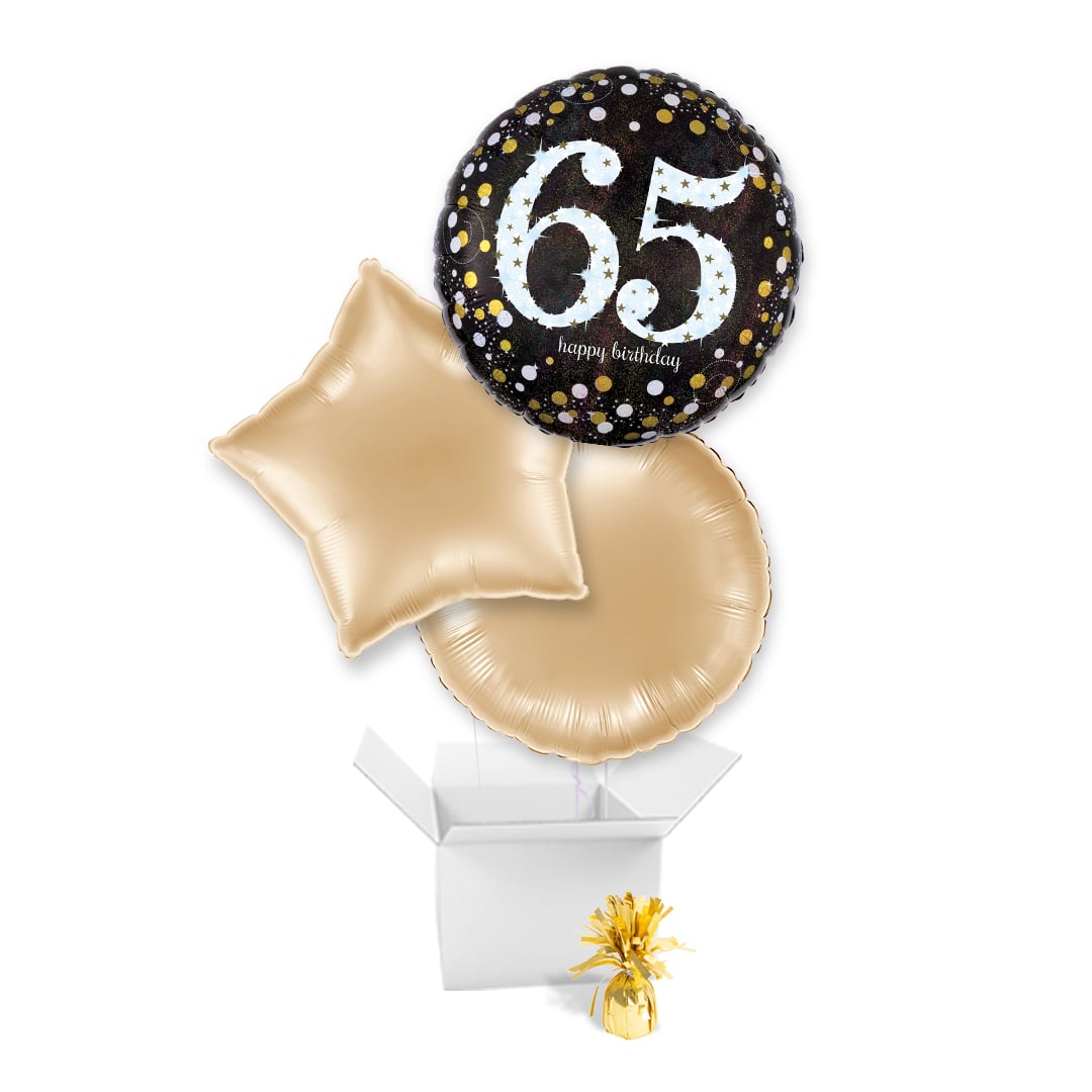 Sparkling Gold & Black 65th Birthday Round Foil Balloon Bouquet - 3 Inflated Balloons In A Box